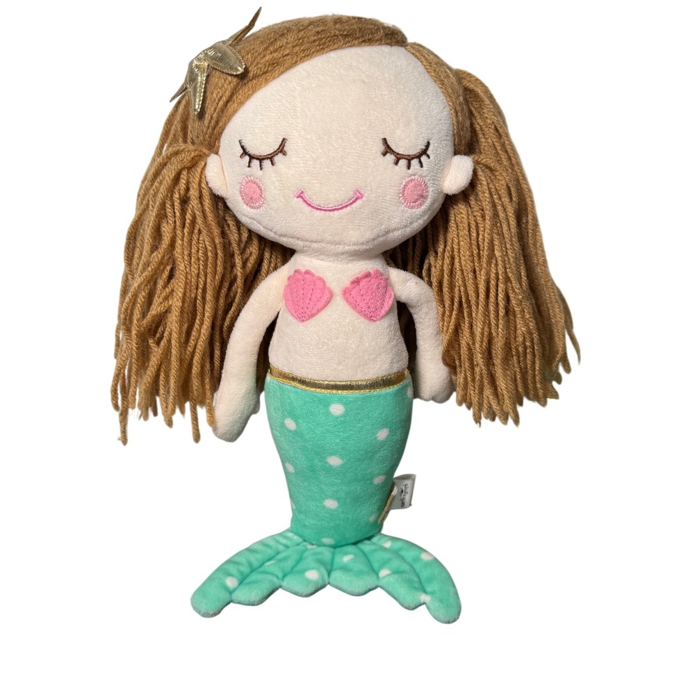 Earth Nymph Mermaid Plush Doll Teal Polka Dot Tail Yarn Hair Gold Starfish‎ 12"